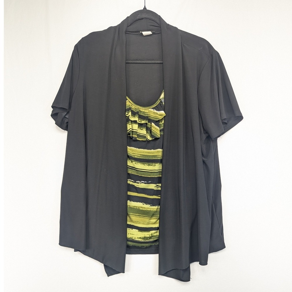 Perception Women Plus 3X Black Green Striped Ruffle Layered Cardigan Top TL932X